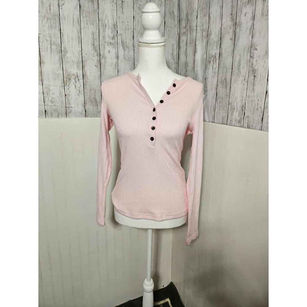 Women’s Pink Ribbed Henley Long Sleeve Top Size Small Fitted Stretch NWT